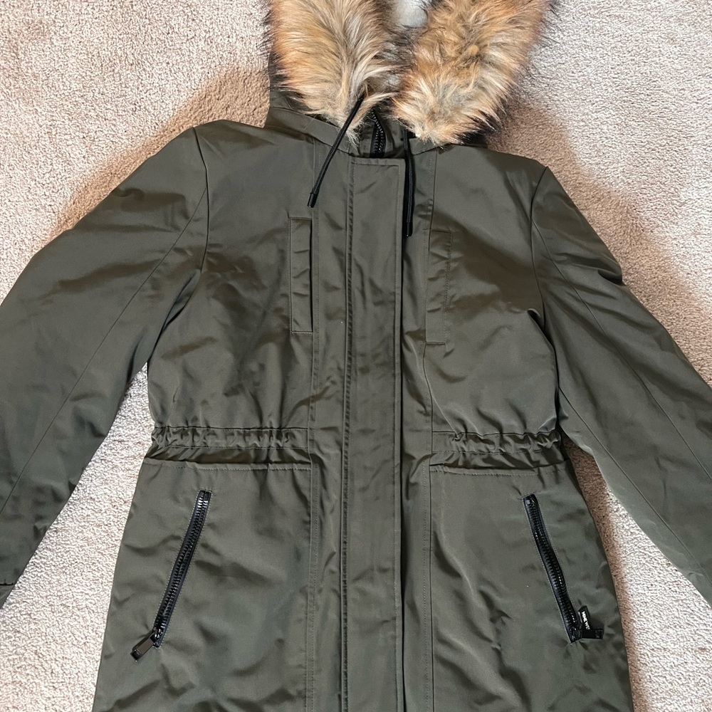 Nine West Fur Trim Hooded Parka Coat Green - Picture 3 of 12